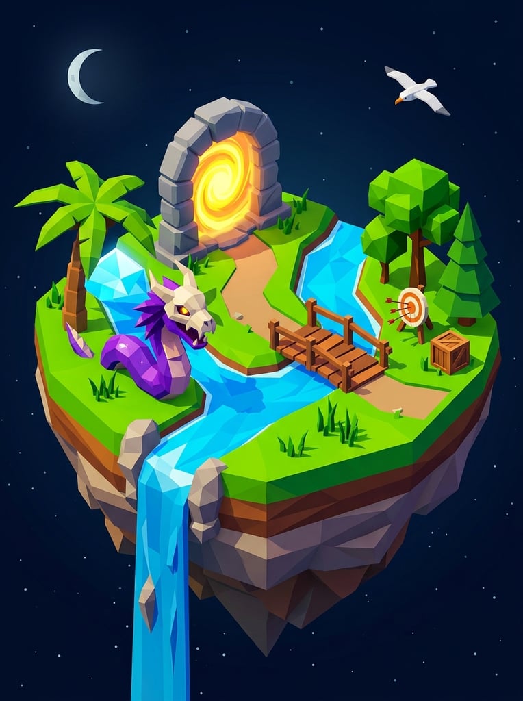 Isometric 3D floating island in a colorful low-poly art style. Vibrant grass is bisected by a blue river and waterfall. A purple serpentine creature with a bone-white skull mask emerges near a palm tree. A stone archway holds a glowing yellow portal. A bridge connects to an archery target, wooden crate, and blocky trees. A white seagull flies against a dark background.