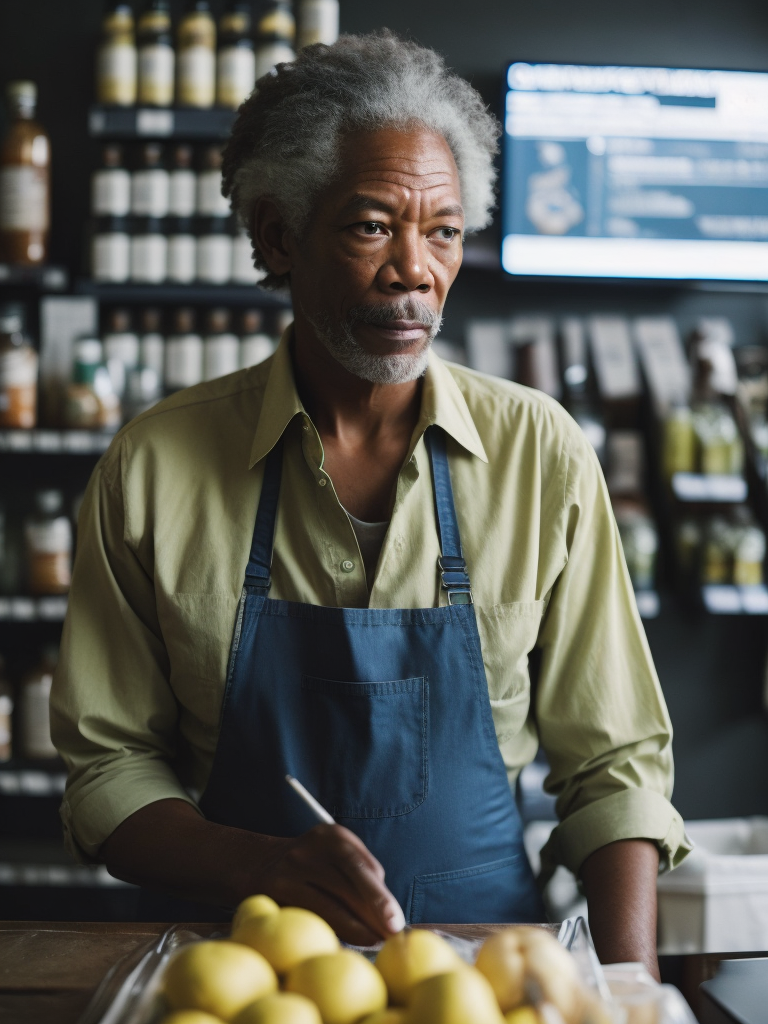 portrait of Morgan Freeman as a cashier, wearing a blue apron, in a grocery store