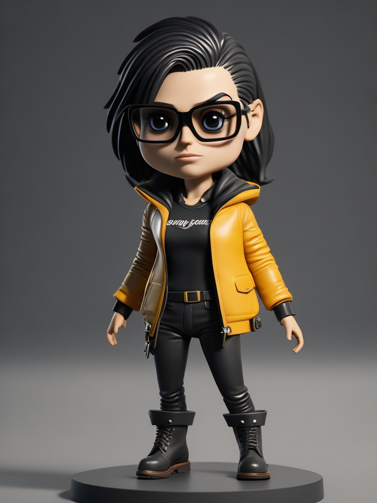 Full body Plastic figurine of a brutal chick, black glasses, leather jacket, black boots, 3d octane render, funko pop,