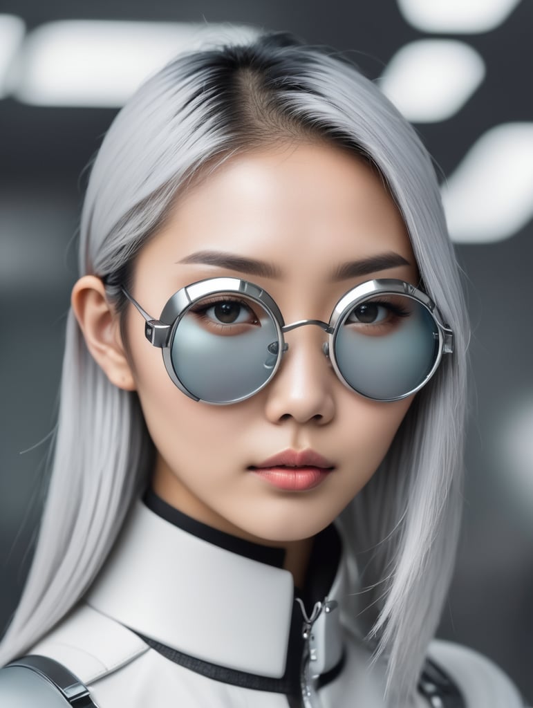 girl with slim Asian features with silver hair and futuristic glasses