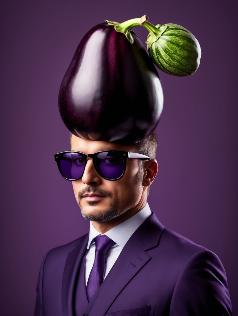 A man in a business suit with a eggplant for a head, dark purple background, sunglasses, isolated, style of Edward Burne-Jones