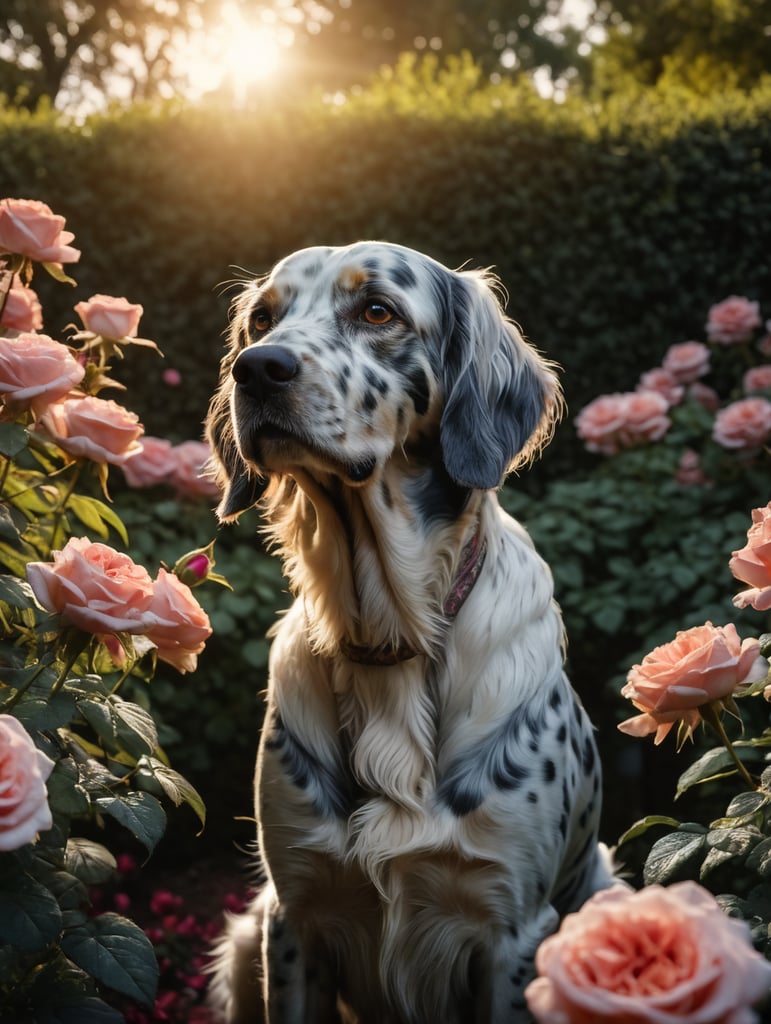 English setter dog sitting in the rose garden. Evening, warm light reflections