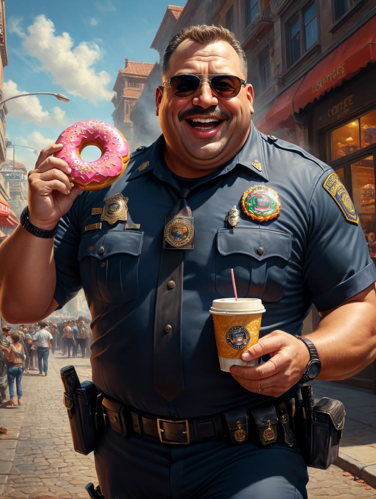 very fat cop with donut and cup of coffee, happy, sunglasses, image, portrait