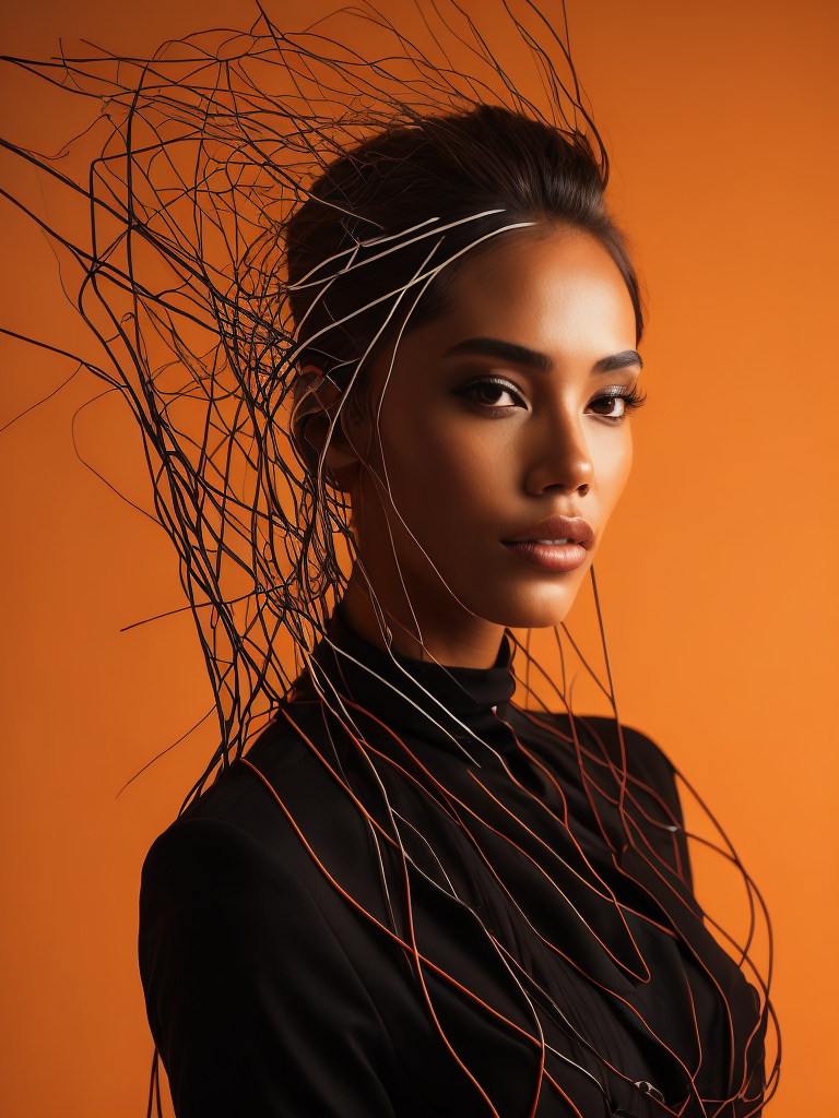 a fashion studio photo of a woman dressed in a black dress made of electrical wires, perfectly lit, solid orange background, Vivid saturated colors, Contrast color, studio photo, professional photo, Rich colors, Detailed image, detailed face