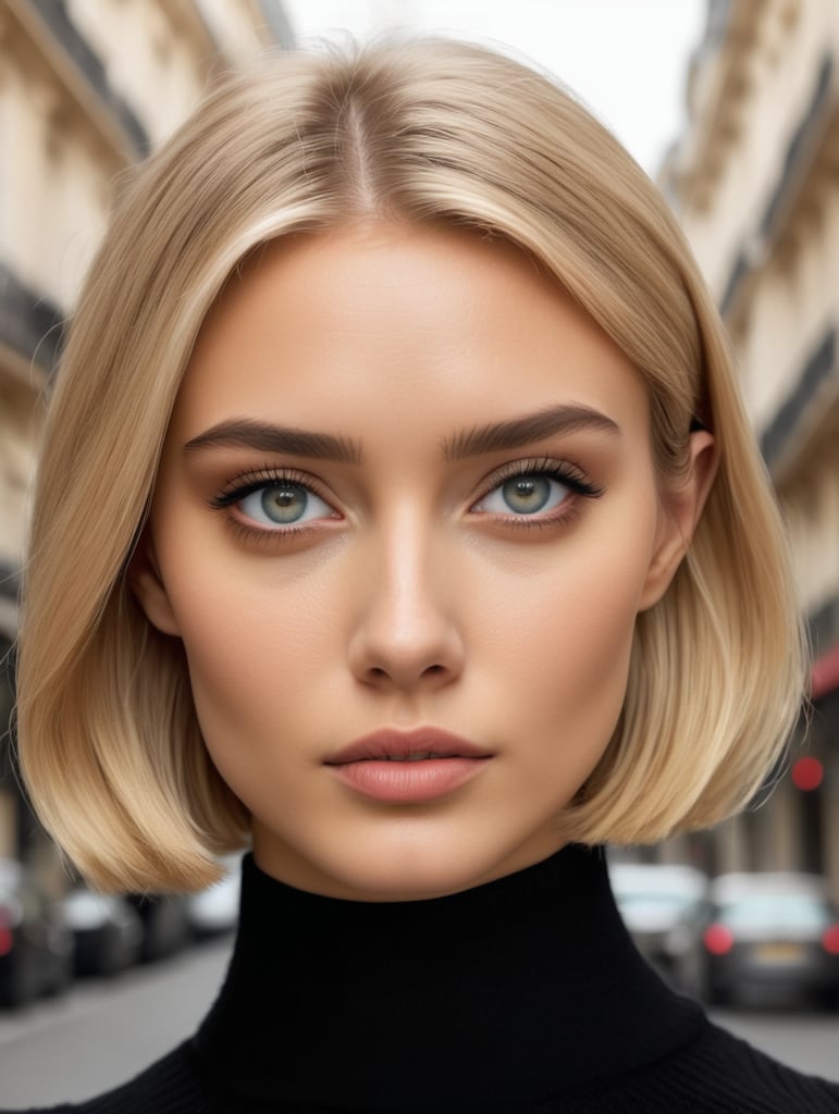 Beautiful fashion models, blonde, clear eyes, black turtleneck sweater, face view, bob haircut, portrait close up, paris street background, film, photography quality, high detail, high quality.