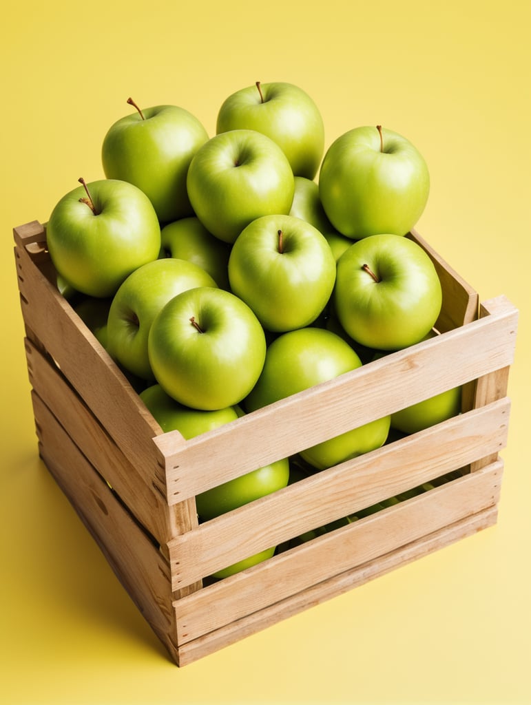 wooden crate with green apples, isolated, yellow background, mockup, mock up