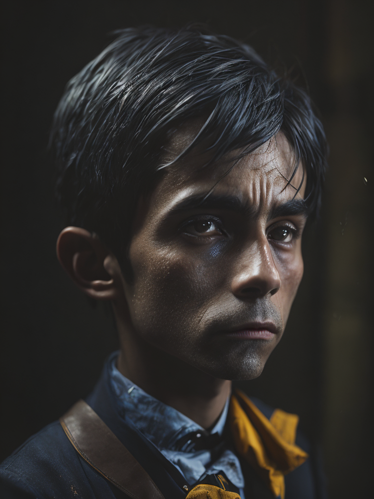a wet plate photograph of a scary Pinocchio with dark bob haircut, neutral emotions on his face