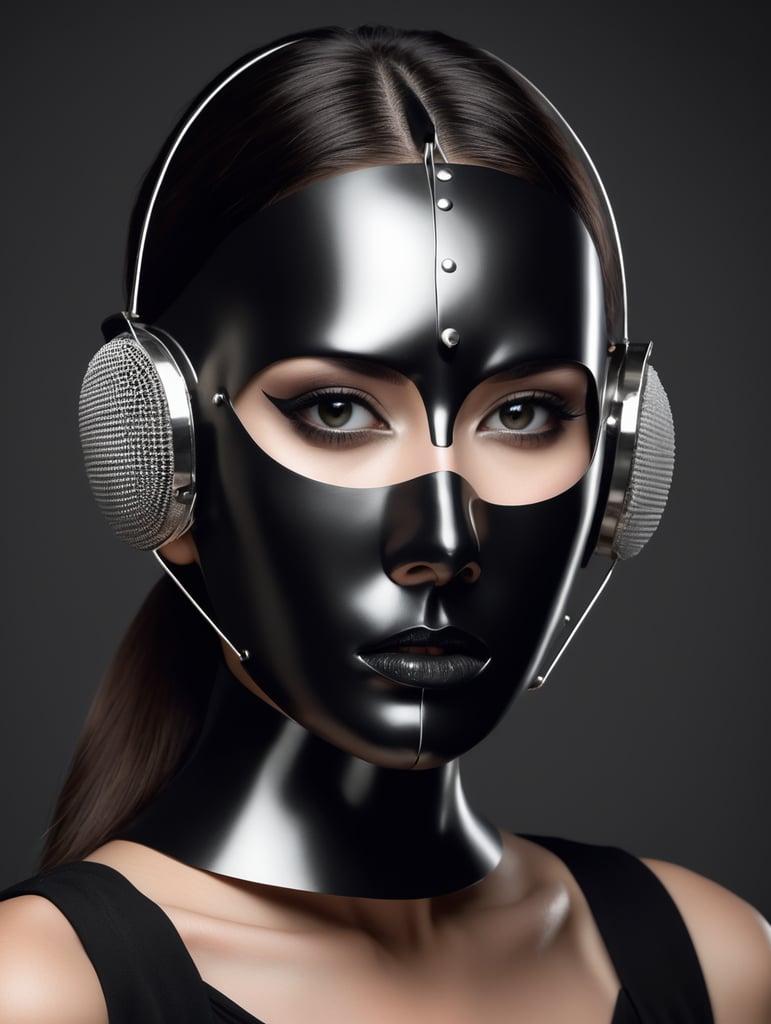 mujer albina portrait with craft mask, minimalist, gloomy, mystical, inspired by the Bauhaus, contemporary, gray scale, totally black background