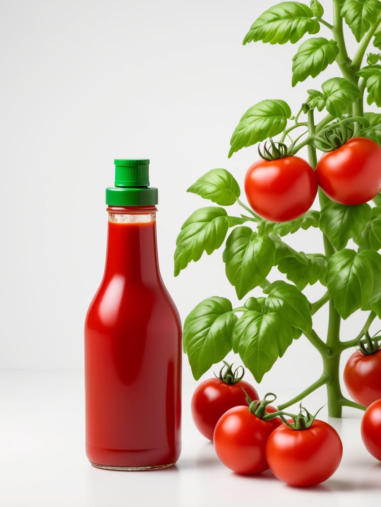 tomato ketchup bottle, red tomato with green leaves, isolated, white background