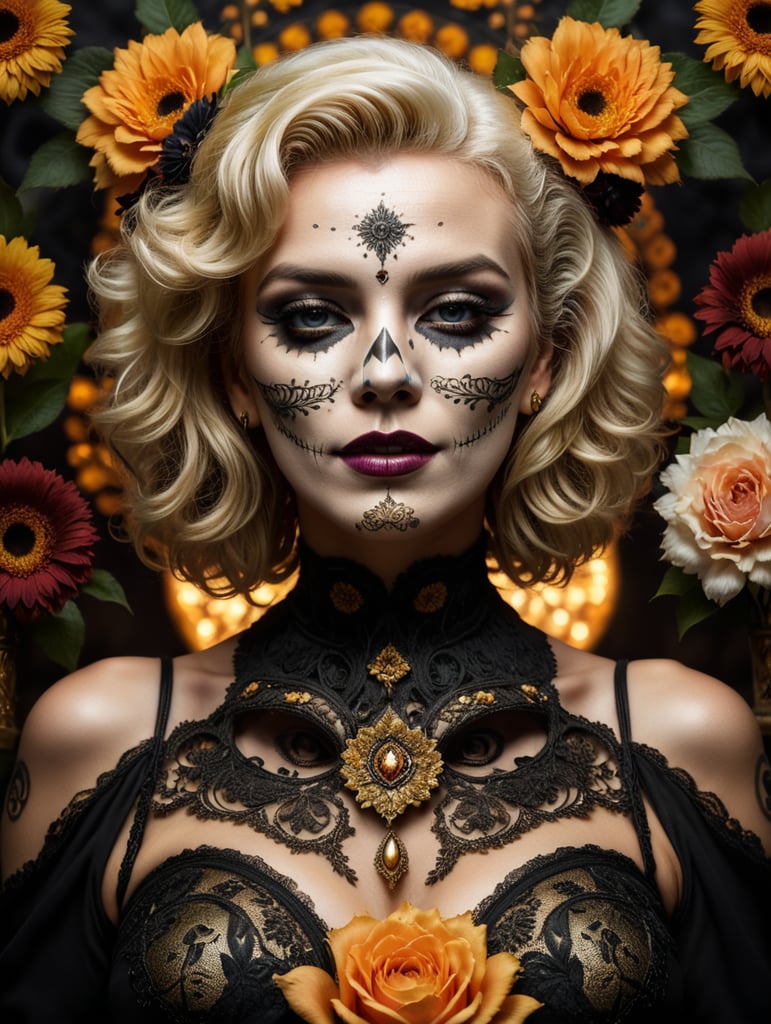 "Marilyn Monroe, Beautiful female, dia de los muertos, wearing black with golden accents, face art, make-up skull, day of the dead, flowers background , intricate details, cinematic lighting, photo realistic, close-up portrait, DarkArt, dark background, 8k, designed by HR Giger”