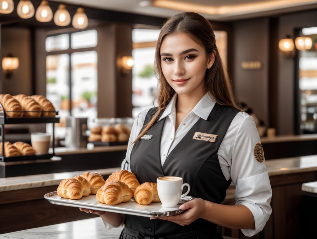a girl waitressing in an American cafe. A girl in a beautiful uniform. The girl is holding a tray with coffee and croissants. The tray is white with marble inserts.