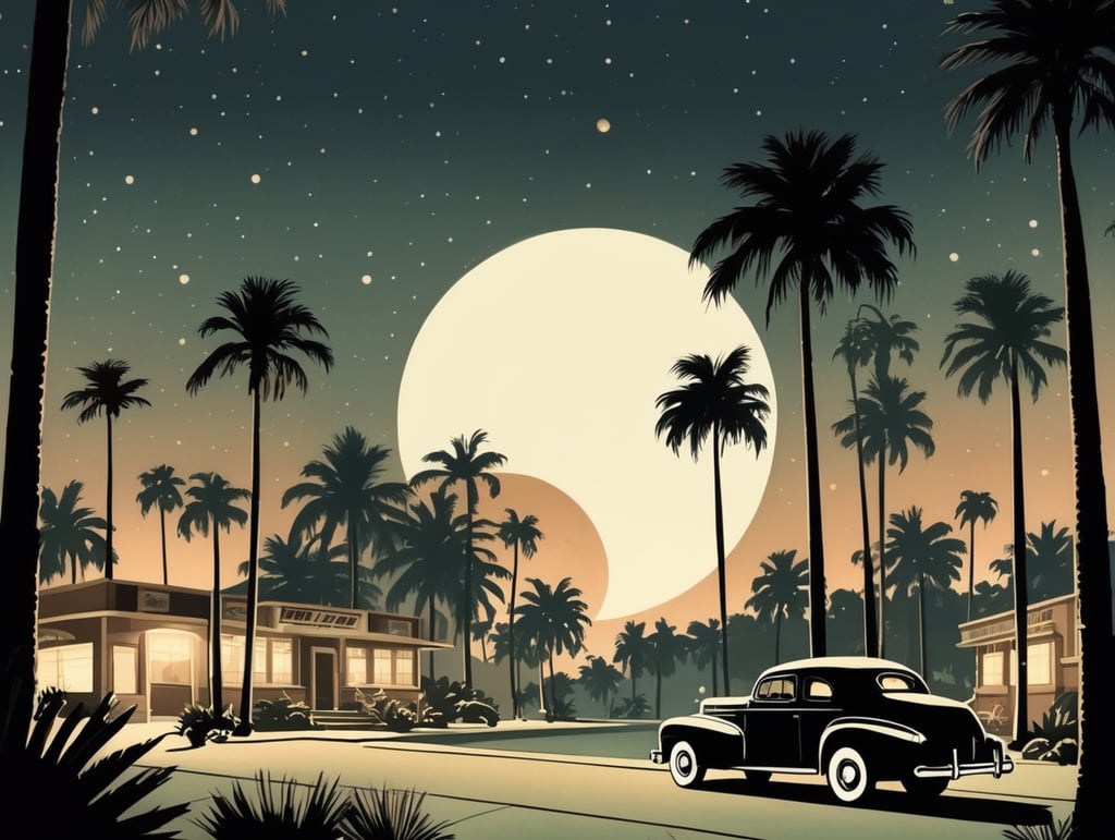 pulp comic style of a 1940's Hollywood, nighttime, spot lights, palm trees