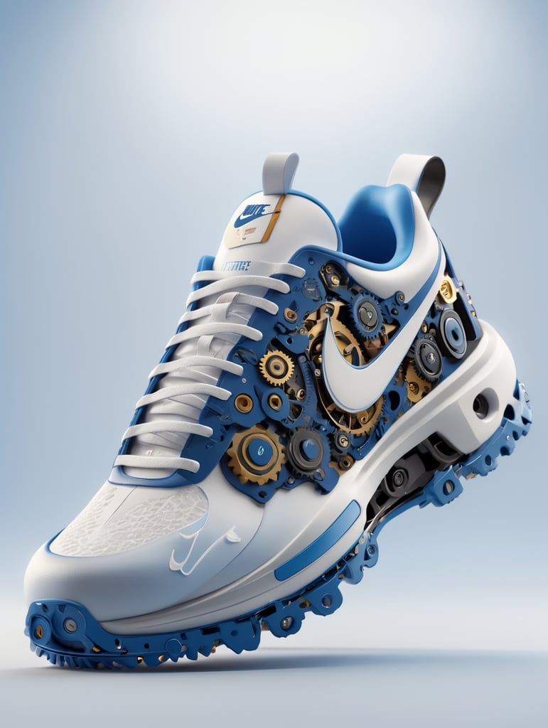 Nike sneakers made out gears, wires, mechanical, electronics, pcb, hyper-realis, futurist, stunning unreal engine render, product photography 8k, hyper-realistic. surrealism