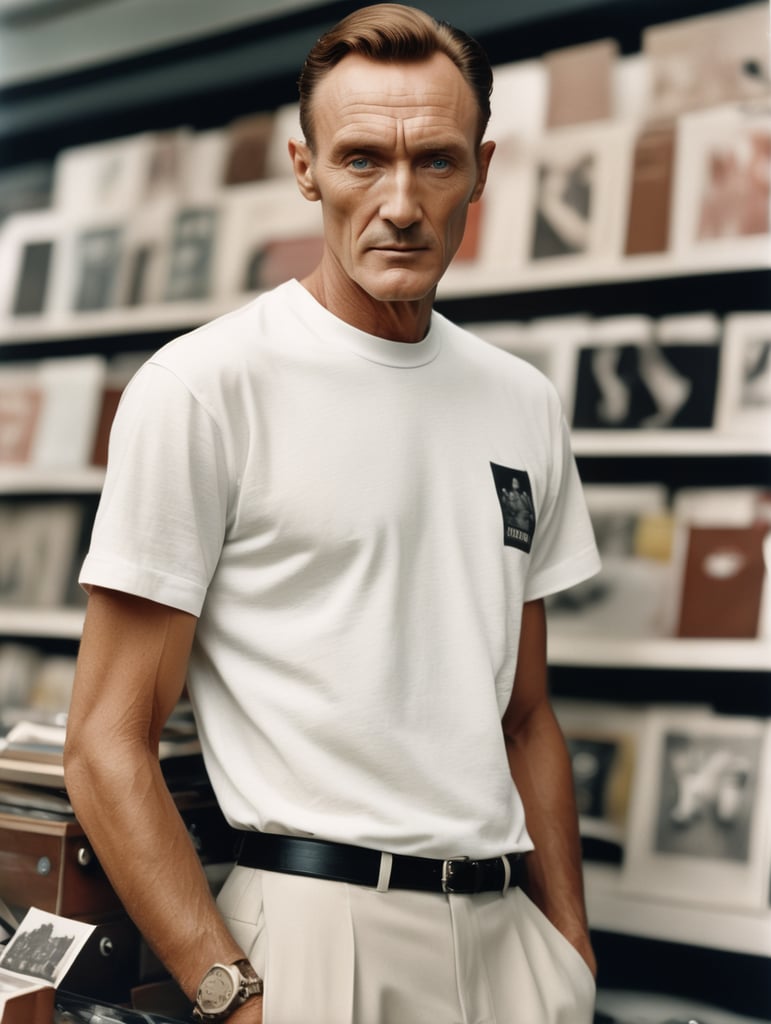 Extremely detailed photographic image, grained image, beautifully composed, monochrome image, 50's fashionable image, fashionable magazine photography, leica summicron 35mm f2.0, kodak 400tx, fashion photography, fashionable model, william s. burroughs, man wearing blank white T-Shirt in Clothing Store Mockup, mock up