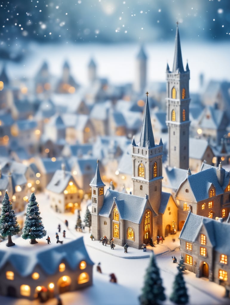 tilt shift photography of a Christmas medieval fantasy miniature city, depth of view, sunny, at night, snowy weather