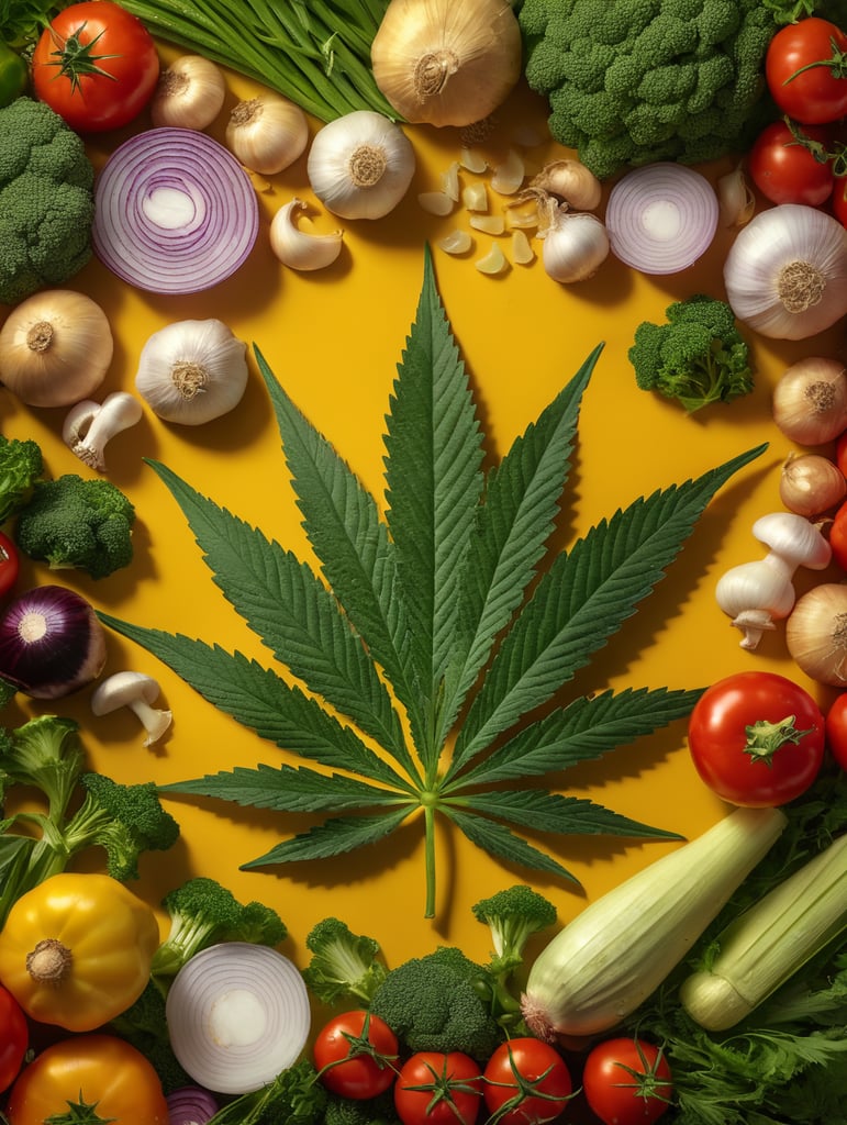 Photorealistic cannabis leaf surrounded by vegetables including garlic, mushrooms, and onions on an all over vivd yellow background