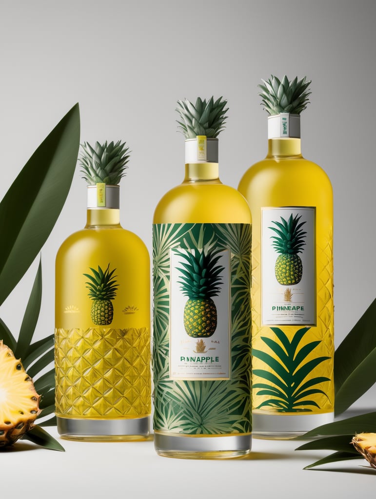 Packaging and branding for a pineapple vodka brand as if it had been designed by HI ESTUDIO with In a set design with pineapple, pineapple leaves.