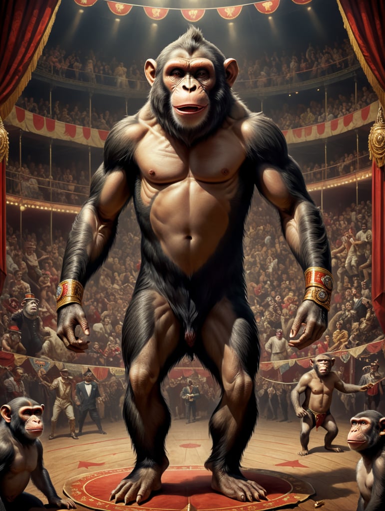 Vintage style circus sideshow poster of a full body anthropomorphic monkey