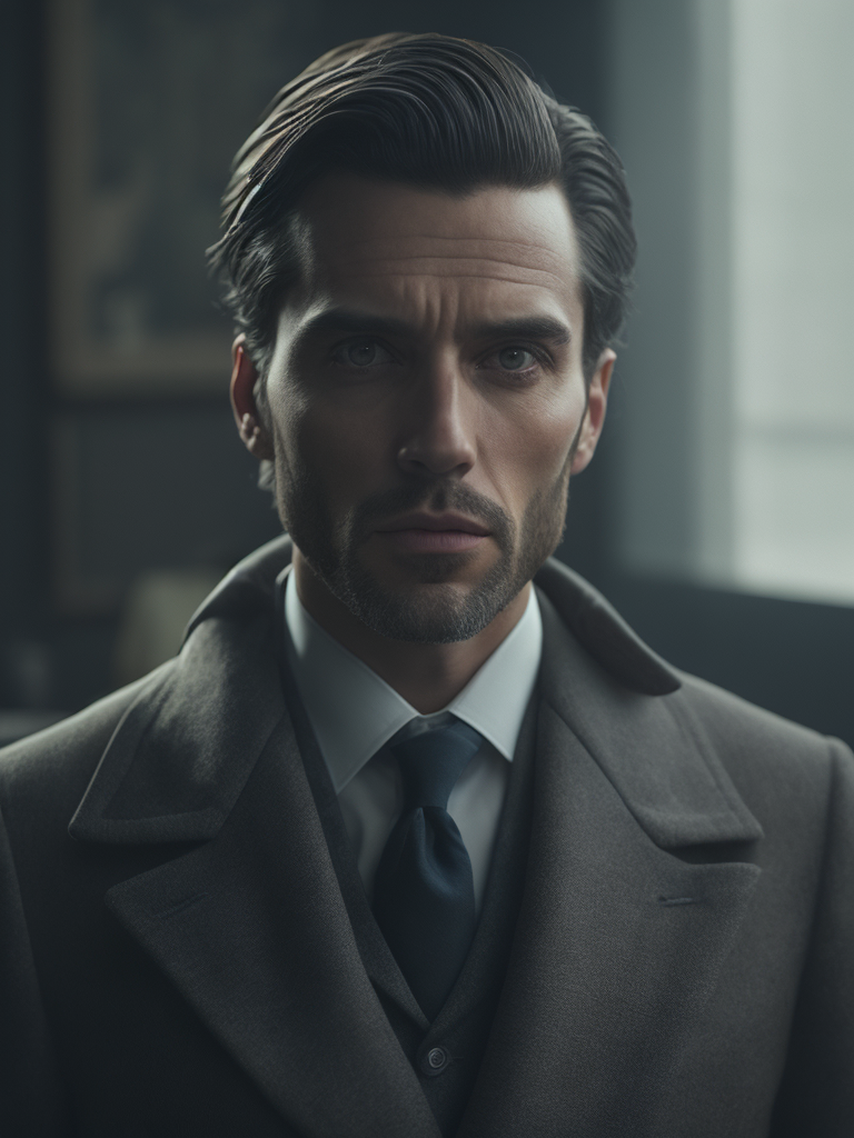 Portrait of a mafia boss in formal suit, Thick build, Hair slicked back, Aggressive look, Against a vintage interior, Subdued tones, Deep colors, contrasting light,