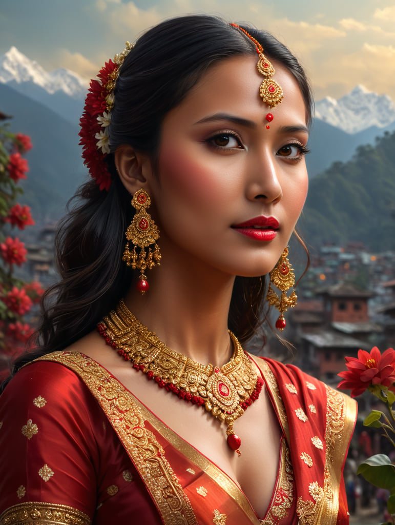 Nepali girl in her wedding wearing gold necklace and red saree with Mari gold flowers decorated Kathmandu background