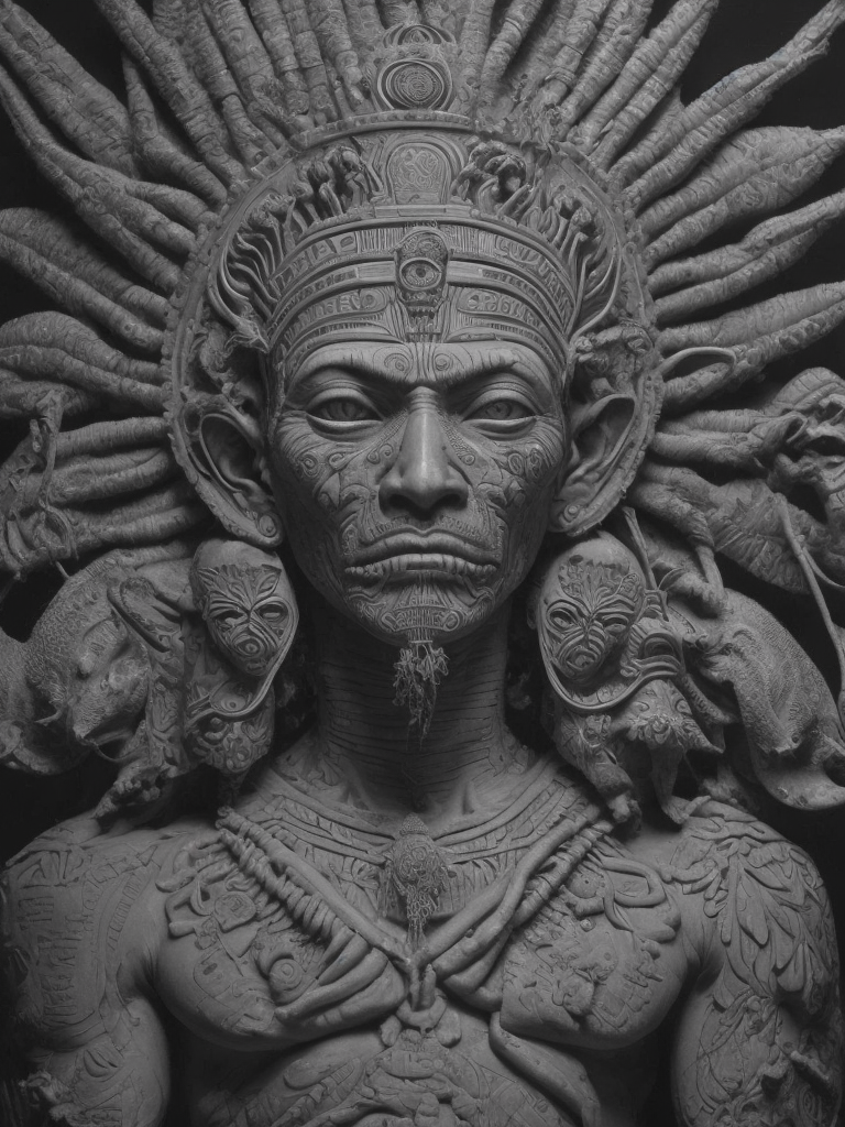 In this powerful and evocative image, mictlantecuhtli, the ancient aztec god of the underworld, emerges in all his ominous glory. rendered predominantly in stark black and white, with subtle gradations of gray, the depiction showcases the deity's menacing presence and serves as a testament to his authority. mictlantecuhtli's face embodies an intense fury, with furrowed brows and eyes ablaze with anger. his facial features are sharp and defined, with deep-set eye sockets that pierce through the darkness. elongated, bony structures form his skeletal visage, accentuating the otherworldly nature of his being. jagged teeth, stained and yellowed, protrude menacingly from his mouth, capturing his ferocity and instilling fear in those who behold him. the environment surrounding mictlantecuhtli reflects the essence of his era, transporting us to the aztec underworld known as mictlan.