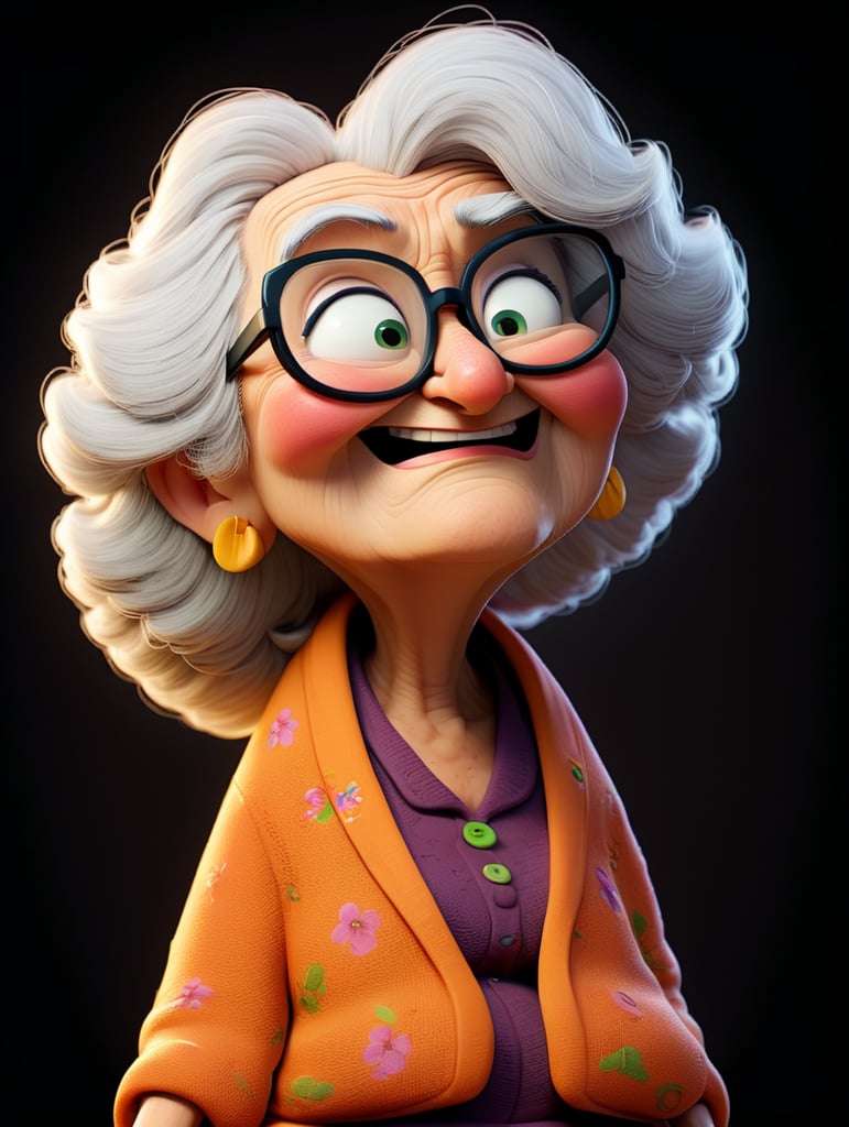 whole body old women character with black glasses, cartoon, isolated, black background sitting in a rocking chair