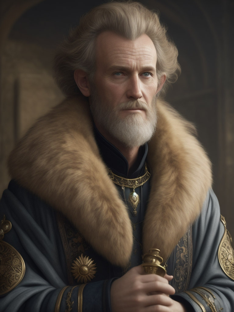 Portrait of a Russian navigator living in the 1400s, Afanasy Nikitin, fair-haired curly beard, blond hair, age 60, dressed in a painted caftan, holding a spyglass