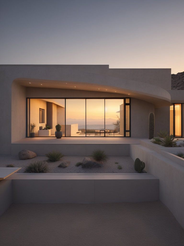 An architectural rendering of a minimal, geometric, curved, sculptural, stucco textured, tan desert abode, sand and clay facade with small carved window openings, wood accents, arched glass door opening, cactus, tumble weed, artificial lighting, desert landscaping, outdoor camp fire, located in Arizona during twilight, hazy horizon