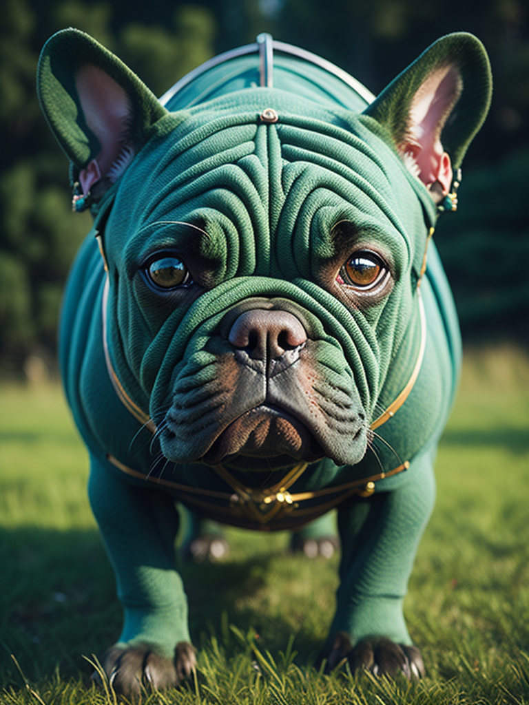 color, 8k, 4k, high resolution,Beautiful green french-bulldog Viking warrior on a field, digital art, attractive, beautiful, intricate details, detailed face, hyper-detailed closed eyes,zorro eye mask, artstation, ambient light