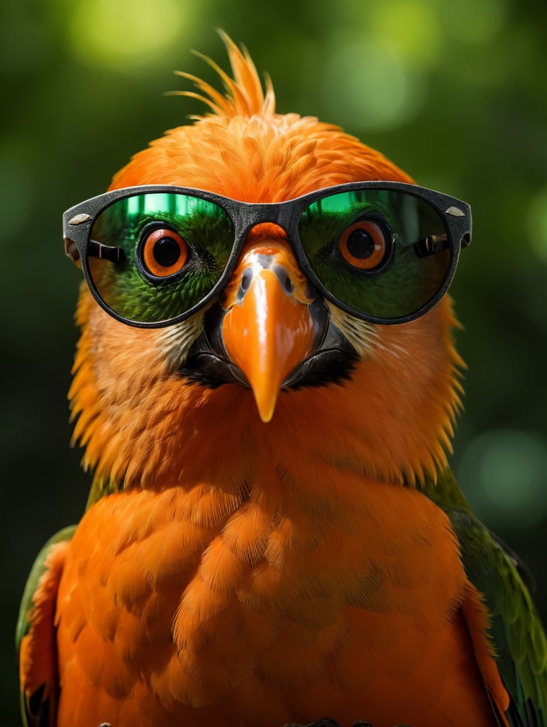 portrait of a orange bird, wearing green sunglasses, green background, bright colors