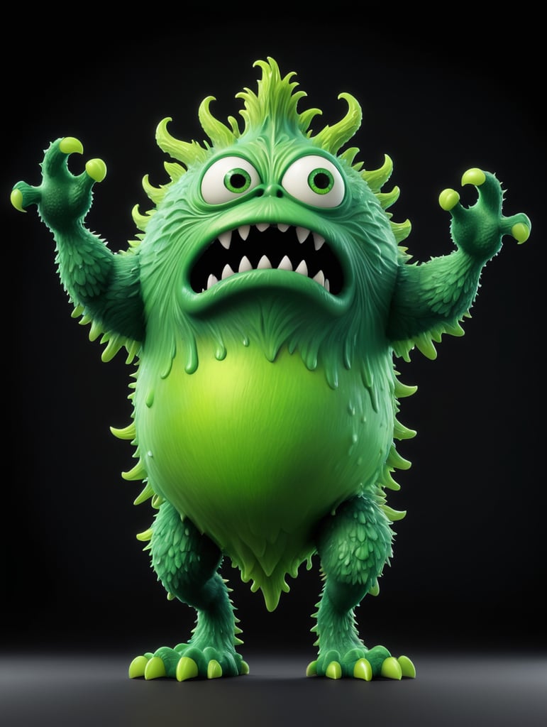 Fierce green monster that looks like a large microbe organism with smooth complexion, standing in front of a pure black background with arms raised high.