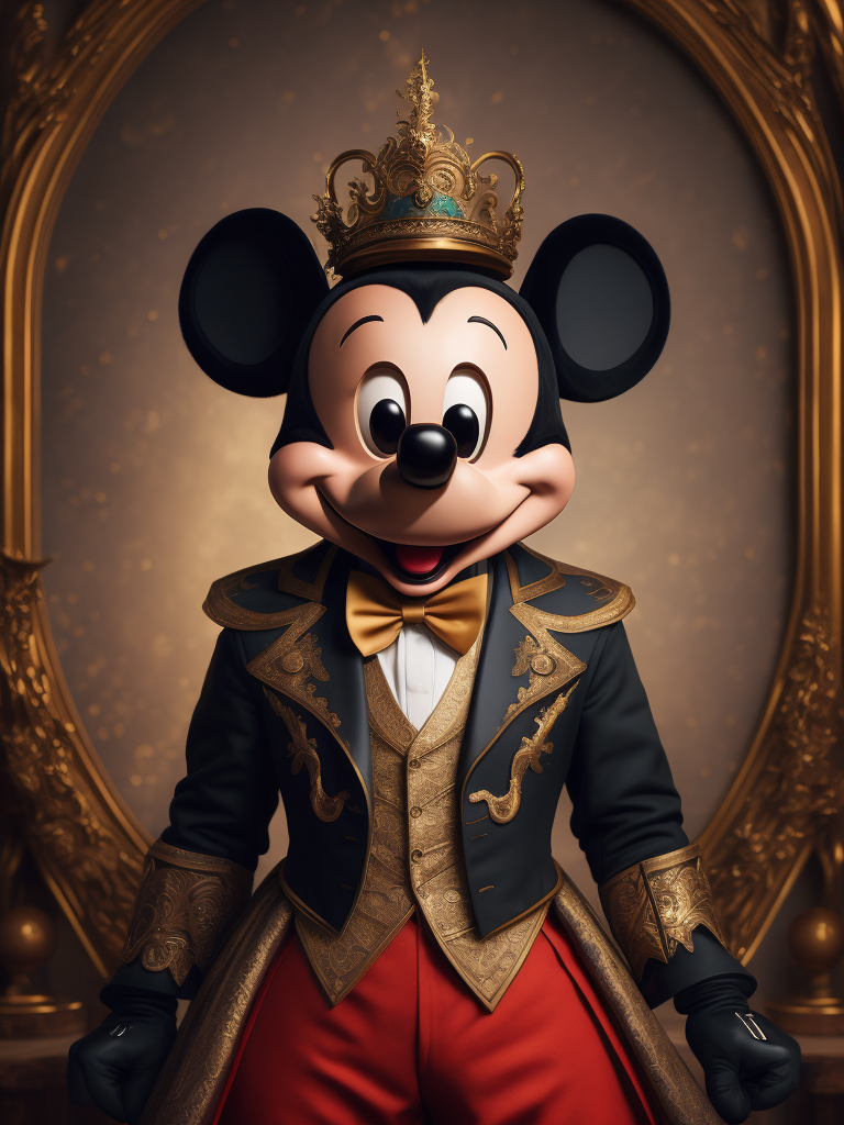 Portrait of Mickey Mouse in rococo dress. psychedelic, trippy, extremely detailed vibrant, cinematic lights, hyper realistic, hyper detailed, Sony Alpha α7, photorealistic