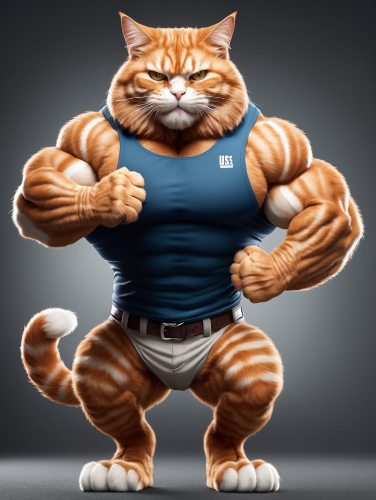 a heavily muscular bodybuilding ginger tabby cat with huge bulging muscles and a white belly in a bold builder arm muscle flexing pose