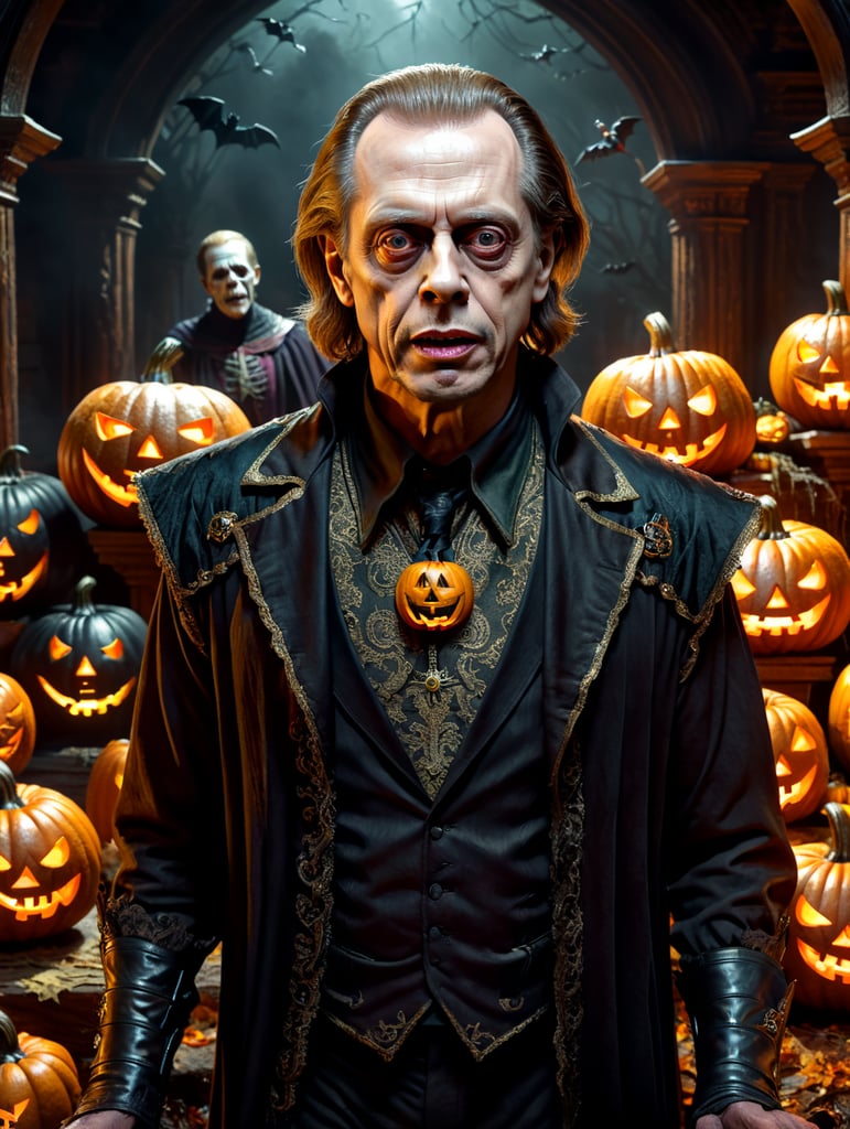 Steve Buscemi Halloween style, full-height picture, scary Halloween costume, creepy