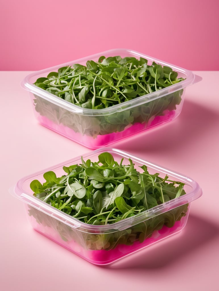blank Transparent Plastic Container with Arugula Salad, isolated, pink background, Mockup, mock up