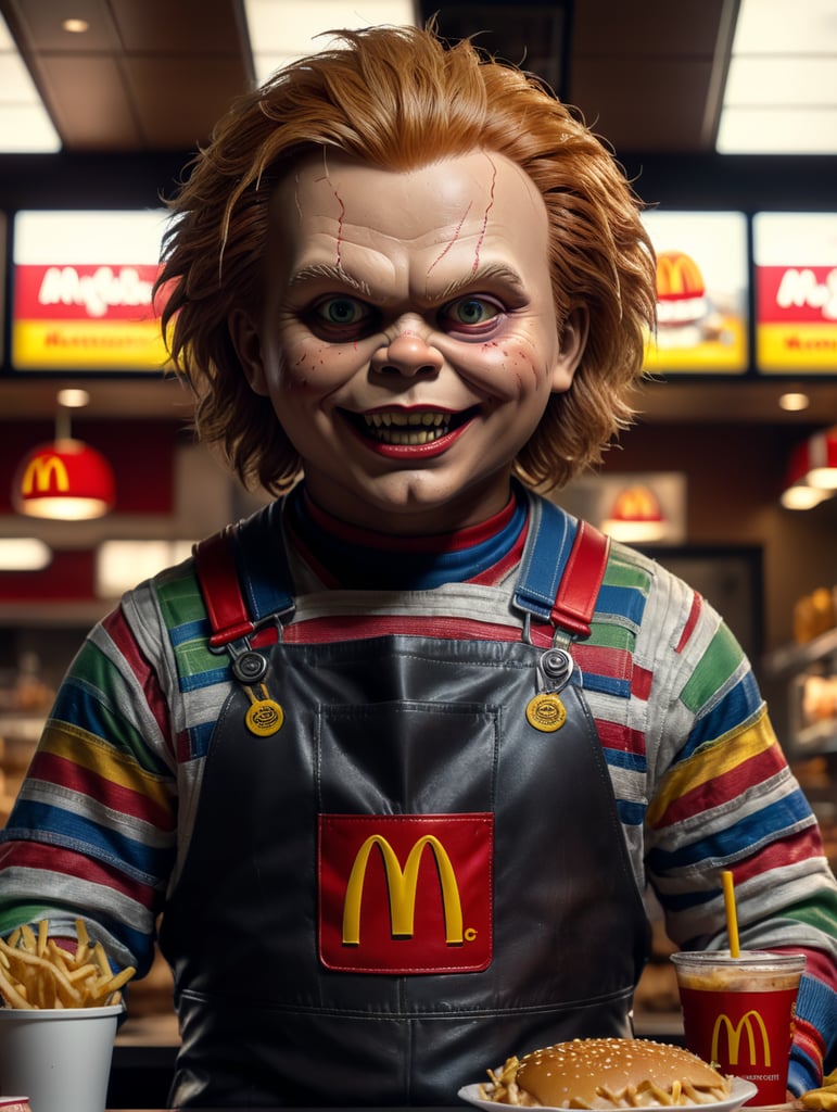 Chucky doll as a McDonalds worker