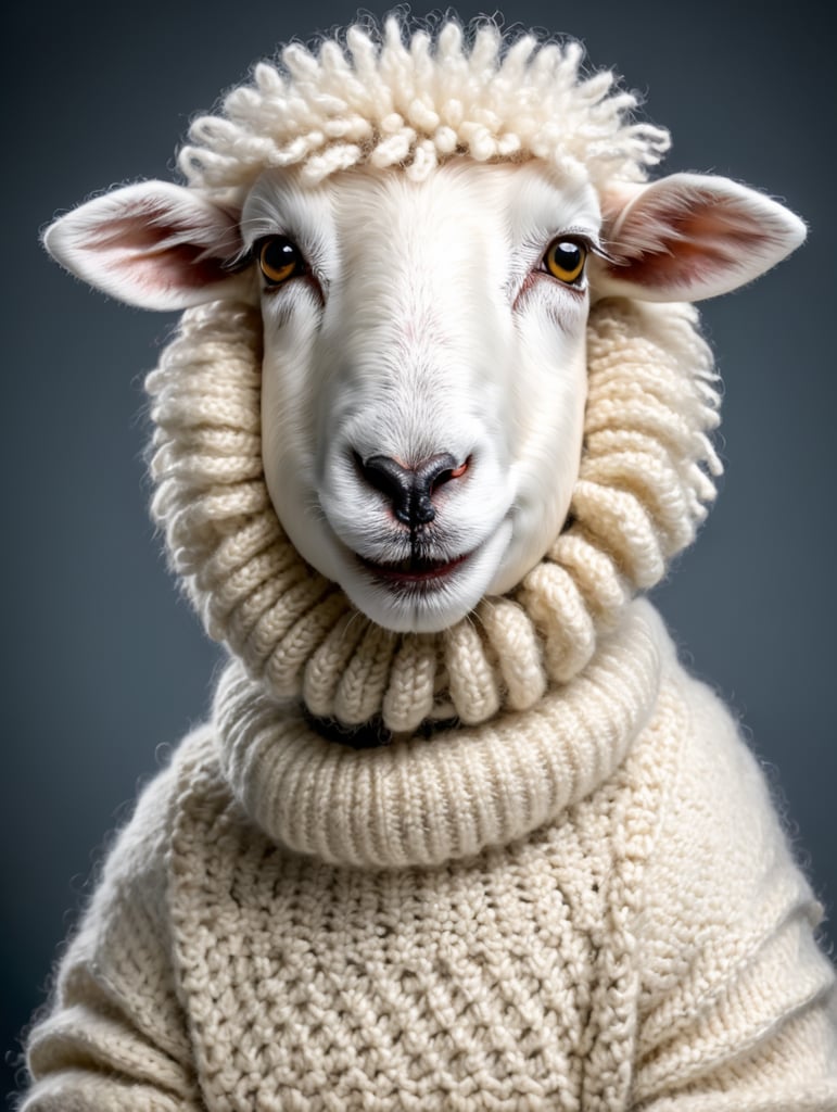 a white sheep wearing very hirsute crocheted sweaters for sheeple, portrait