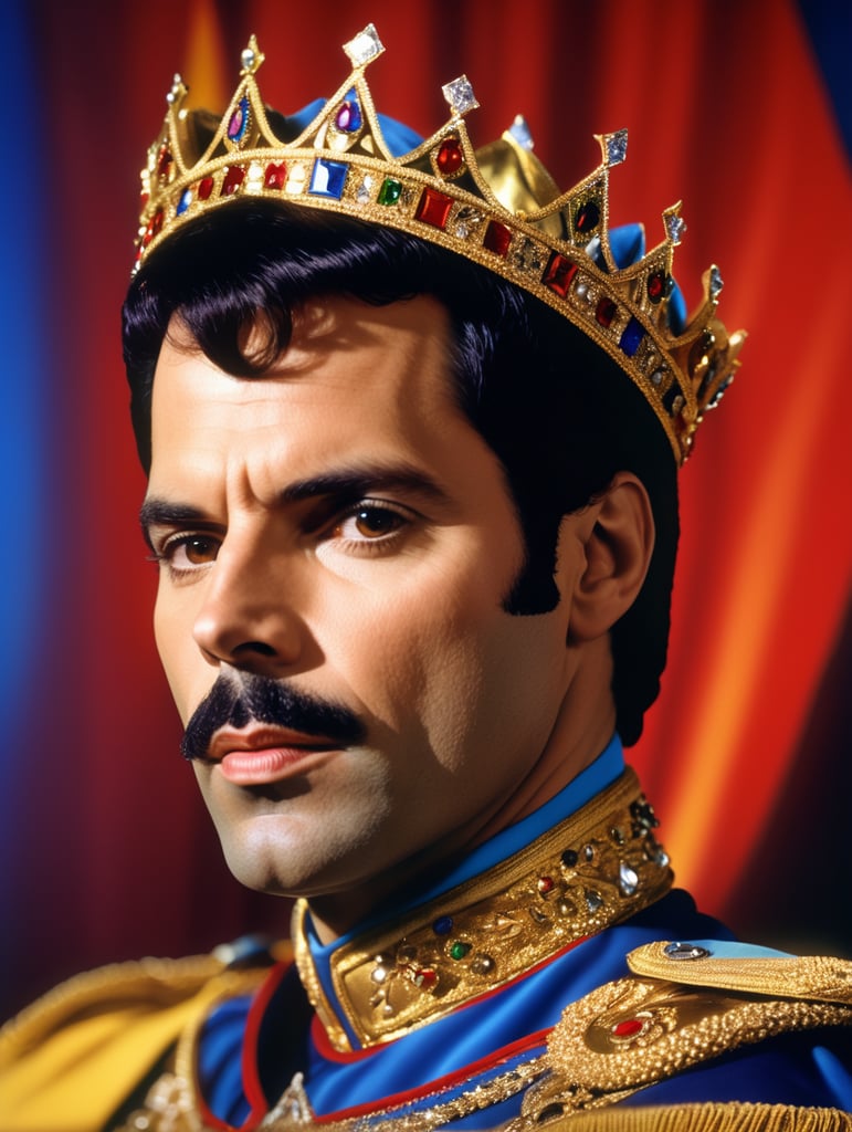 Portrait of Freddie Mercury wearing the Queen's crown, royal mantle, Vivid saturated colors, Contrast light, studio photo, professional photo, Detailed image, detailed face