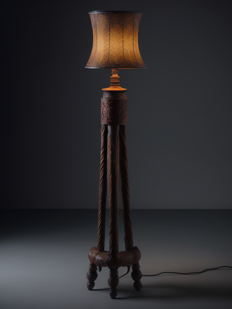 Floor lamp with carved wooden leg, first nation motives, north america redskin