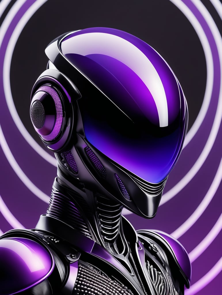 xenomorph with black suit elegant scene futuristic design with purple gradient traslucent half mask and helmet fashion photography, sharp, small spheres floating background