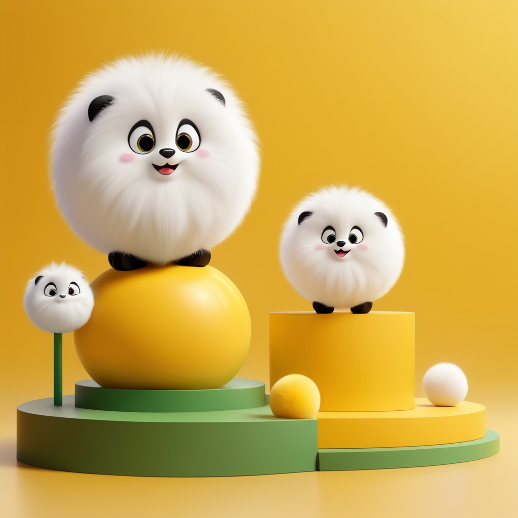 Modern minimal layout podium display with fluffy balls yellow background 3d rendering