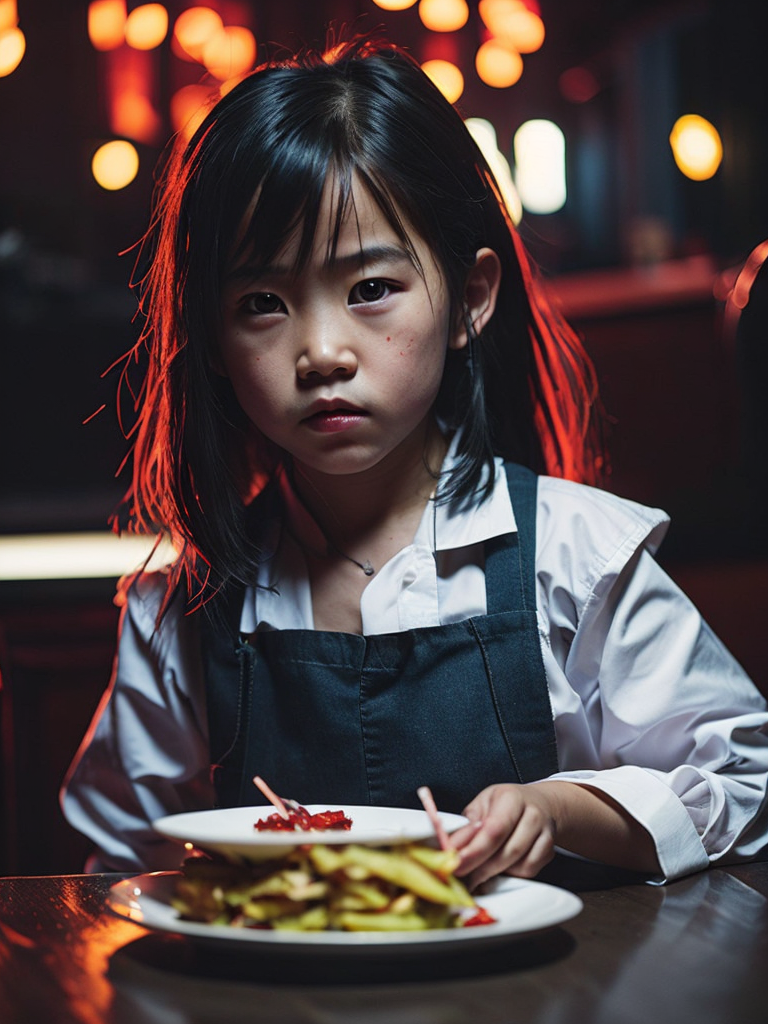 portrait of an Asian girl 7 years old sitting in a night bar at the counter, face from the movie, bloody hand on her plate, school dress, dark hair, red Chinese lights, focus on a girl, red lighting, low light, dark atmosphere