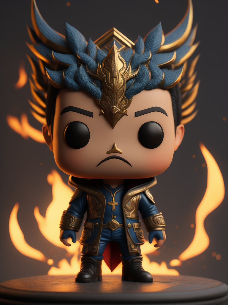 Full body 3d render of funko pop FIRE PHONIX IN blue JACKET, Indonesian face, smile