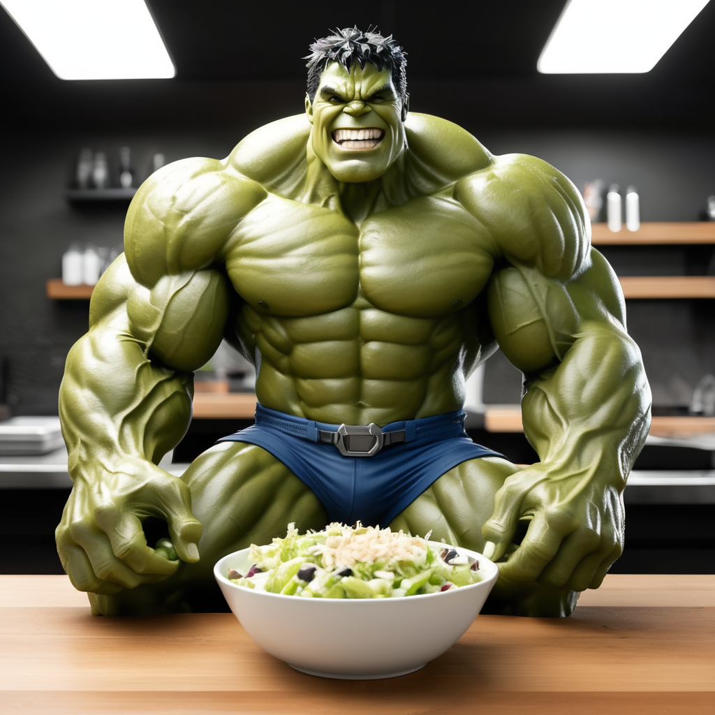 In a moment of sheer delight, Hulk stands tall with a wide grin, holding a bowl brimming with a vibrant medley of shredded lettuce, sliced olives, apple chunks topped with sunflower seeds, all drenched in Caesar dressing. Each vibrant ingredient reflects the power and energy of Hulk himself, embodying strength and vitality in every bite. As he savors the refreshing crunch of the salad, Hulk's joy radiates, reminding us that even the mightiest heroes appreciate the simple pleasures of a healthy meal.