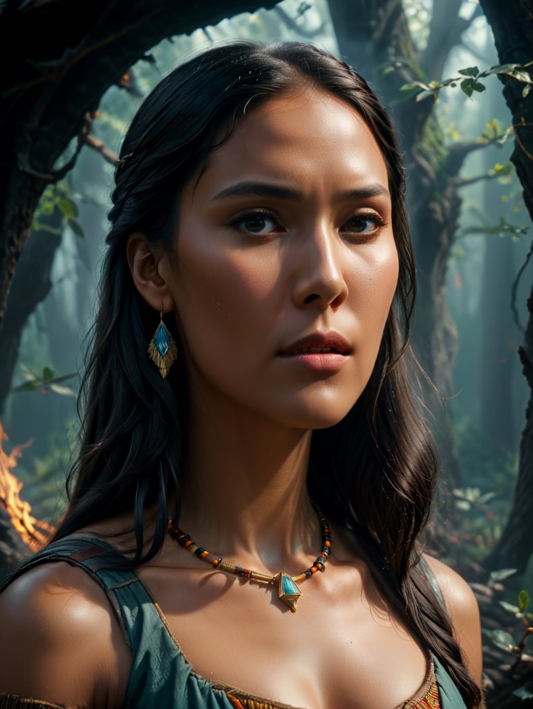 Pocahontas, 0Il lustration, Painting, Oil, Watercolor, Portrait, USA, style of Will Barnet