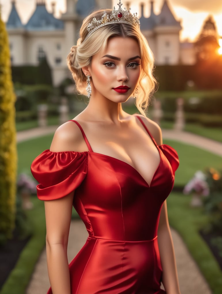 A full-body 8k image of a beautiful 22 year old princess, medium bust, blonde hair in a messy bun, wearing a red satin long and tight dress and a crown, red heels, diamond earrings, red lipstick, standing in the gardens of an English palace at sunset, dramatic lighting, blurred background