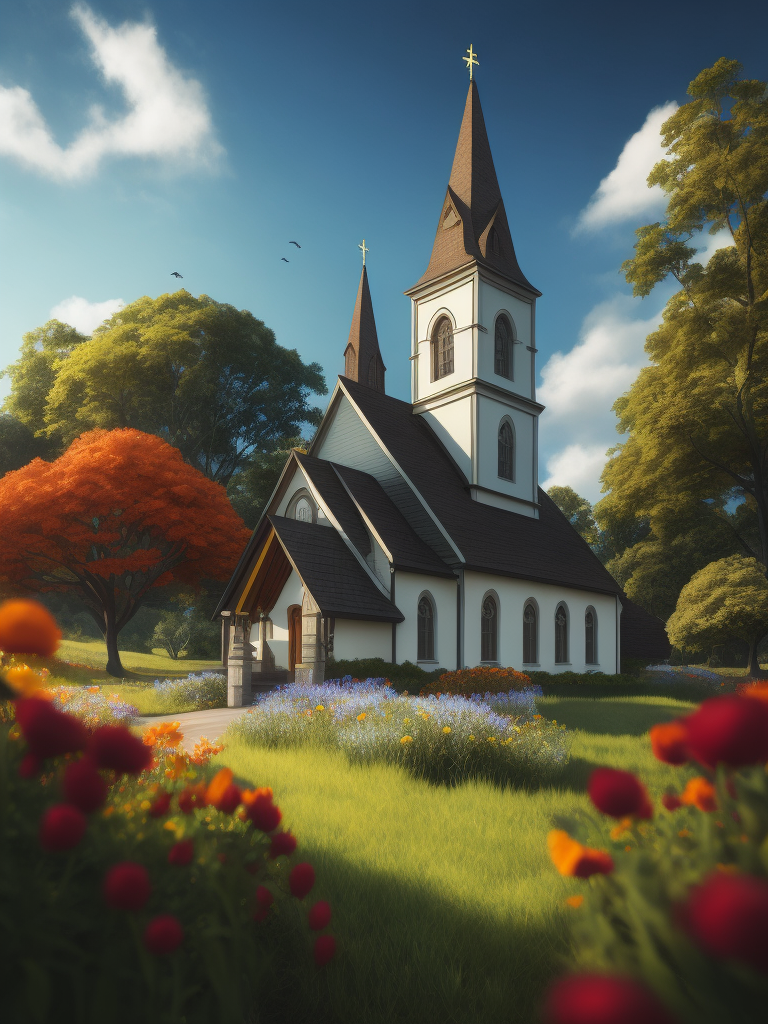 A church on a hill with 2 trees, many flowers, a beautiful sunny day with the prettiest blue sky and clouds that we hardly see in the sky.