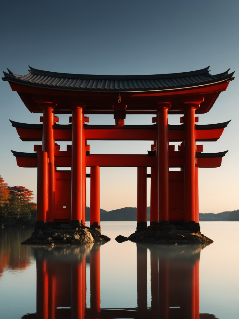 Red torii gate in middle of a lake, Dense forest on the edge of the lake, Bright and saturated colors, Japanese culture, photorealistic, contrast light