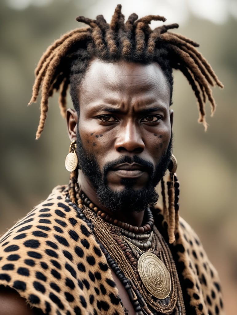 A Kenyan tribal warrior with dreadlocks and beard. Wearing a leopard skin poncho. He is strong and calm.