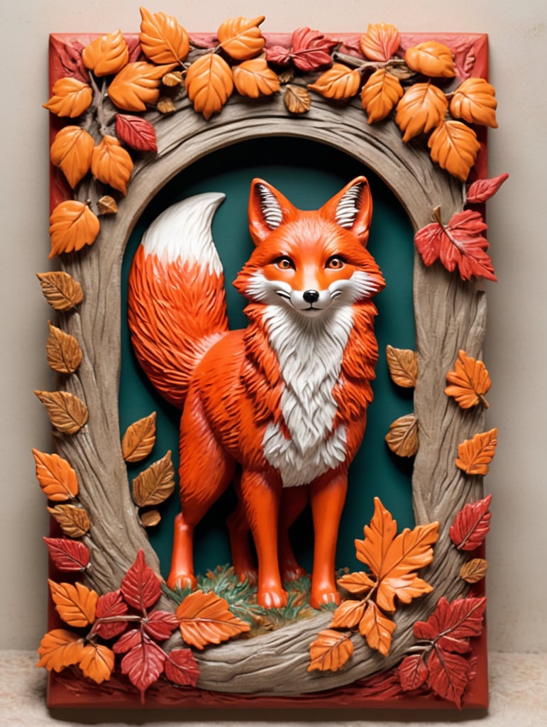 Envision a playful red fox in 3D bas-relief, its bushy tail and mischievous eyes full of charm. The piece showcases an autumn forest scene, with vibrant reds and oranges, and a forest floor border covered in fallen leaves.